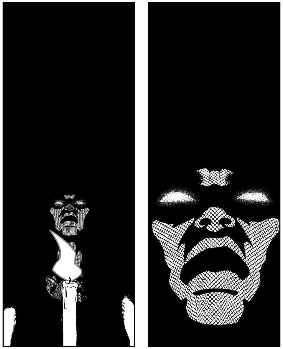 Black and white panels of a spooky figure sitting behind a candle. The second panel is close up of the face.