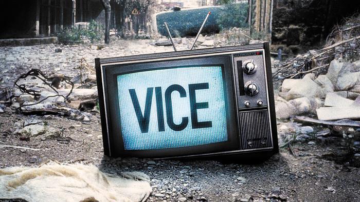 An old tv in rubble with the word Vice on it