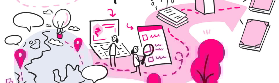 Alt: Hand-drawn image of global collaboration, with a person floating above the earth in a hot air baloon, connected to two people reading and investigating papers, to a third step of people adding that information to papers and guides of The Turing Way