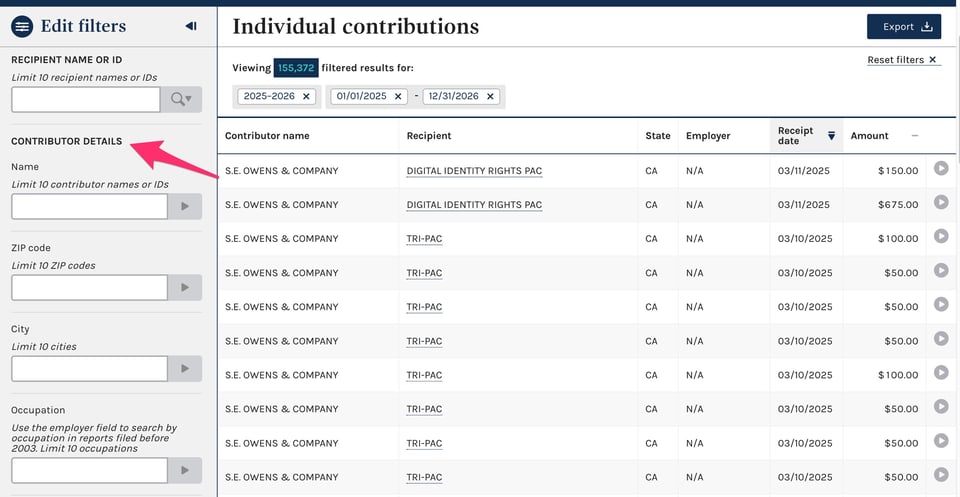 Screen shot of the FEC campaign contributions database. There is a pink arrow pointing to the part where you can look up contributor details