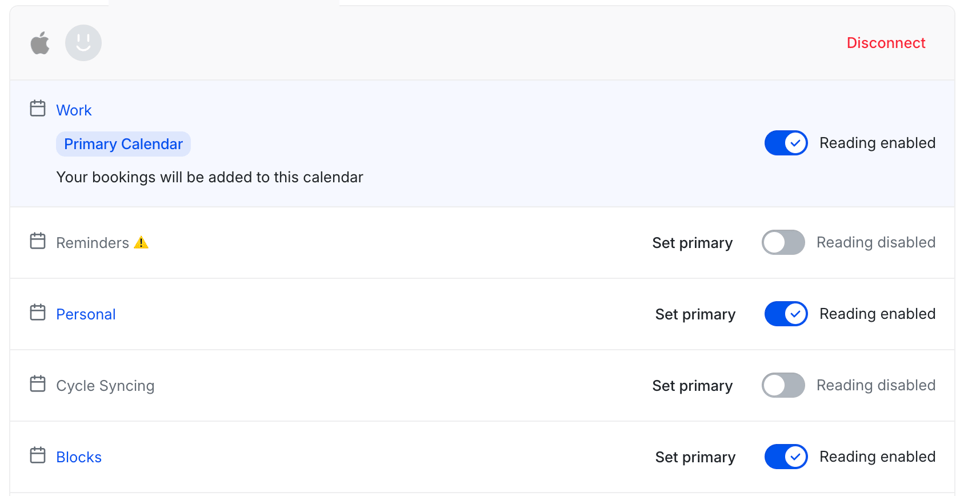 A screenshot of Tidycal with a list of iCal calendar names and a toggle button that reads 'Reading enabled.'
