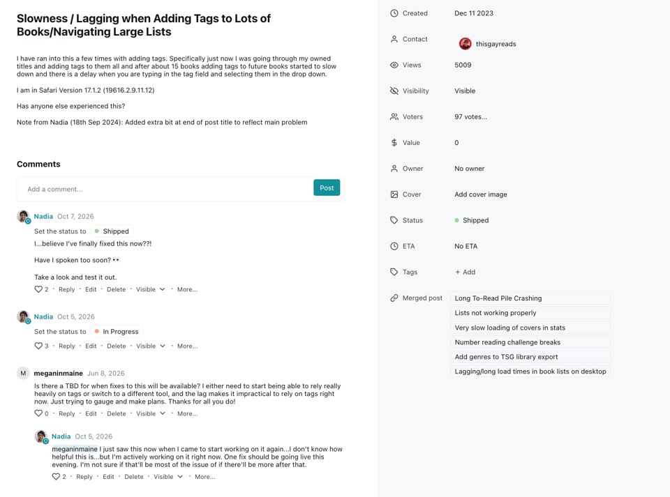 A screenshot of a StoryGraph roadmap feedback post titled "Slowness / Lagging when Adding Tags to Lots of Books/Navigating Large Lists". The post has 97 votes and is marked as Shipped. Nadia's comments from October 5th and 7th, 2026, document her progress fixing the performance issues.