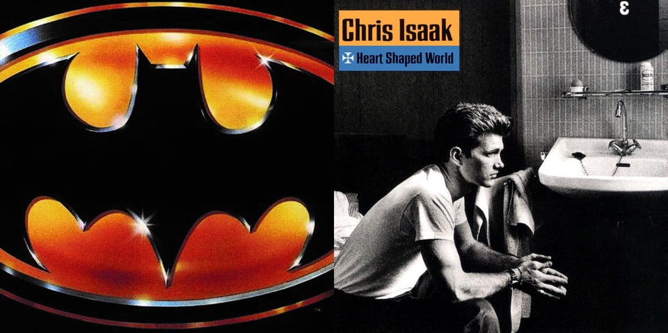 First pic: It's the Batman logo as used in the 1989 film, an oval with a bat shape inside it. The bat is black, everything around it is gold and there are glints on it, as if made of metal. The logo is zoomed in a bit so it's cut off on the left and right edges. Second pic: A black and white photo of Chris Isaak, a stupidly hansome white man, in a white t-shirt and dark pants. He's sitting on a bed in a motel room, his hands outstretched, fingertips touching. Behind him on the right side of the picture is a sink and mirror and some bath towels. He has a pensive expression on his face. It's a heart-shaped world, Chris.