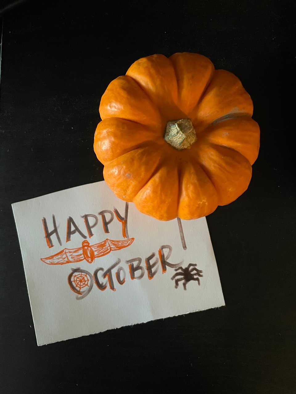 A small pumpkin and a handwritten note that reads Happy October with sketches of a bat and a spider