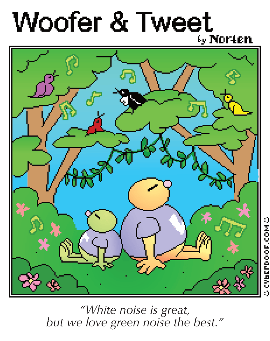 A cartoon with two characters (Woofer and Tweet) sitting in a lush green environment, surrounded by colorful birds, with musical notes floating in the air and the caption “White noise is great, but we love green noise the best.”