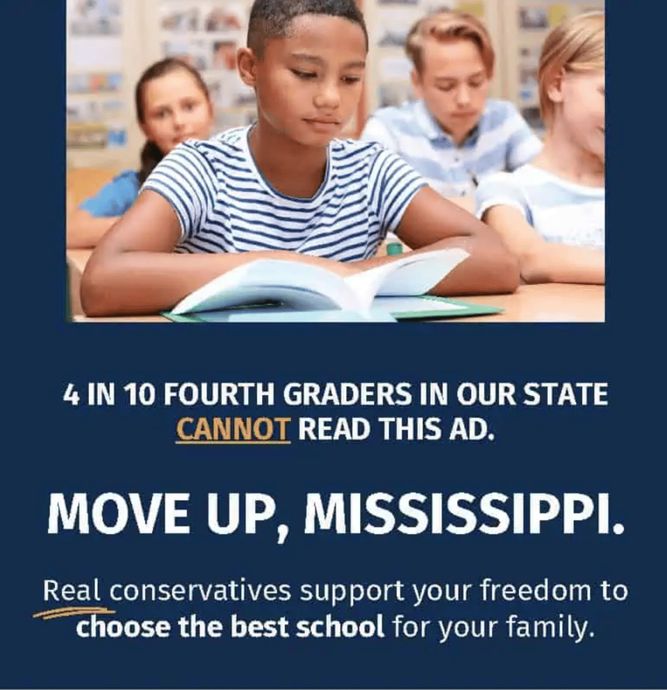 Voucher ad from Mississippi featuring a Black kid in a classroom