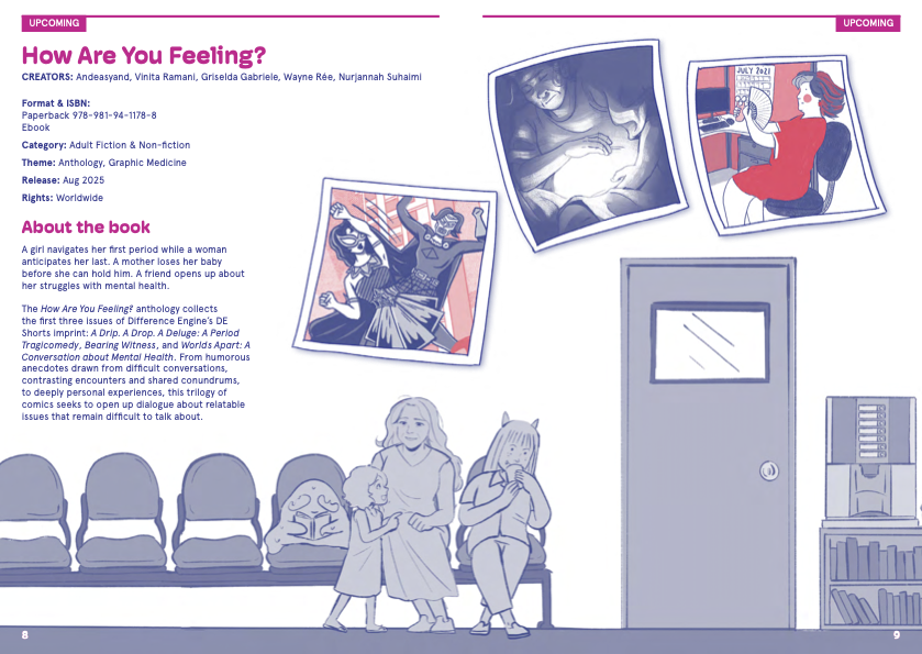 The listing for HOW ARE YOU FEELING? in the Difference Engine 2025 catalogue. It shows a blob, a mother and her young child, and a young woman with horns sitting on chairs. The description of the book reads, "A girl navigates her first period while a woman anticipates her last. A mother loses her baby before she can hold him. A friend opens up about her struggles with mental health. The How Are You Feeling? anthology collects the first three issues of Difference Engine’s DE Shorts imprint: A Drip. A Drop. A Deluge: A Period Tragicomedy, Bearing Witness, and Worlds Apart: A Conversation about Mental Health. From humorous anecdotes drawn from difficult conversations, contrasting encounters and shared conundrums, to deeply personal experiences, this trilogy of comics seeks to open up dialogue about relatable issues that remain difficult to talk about."