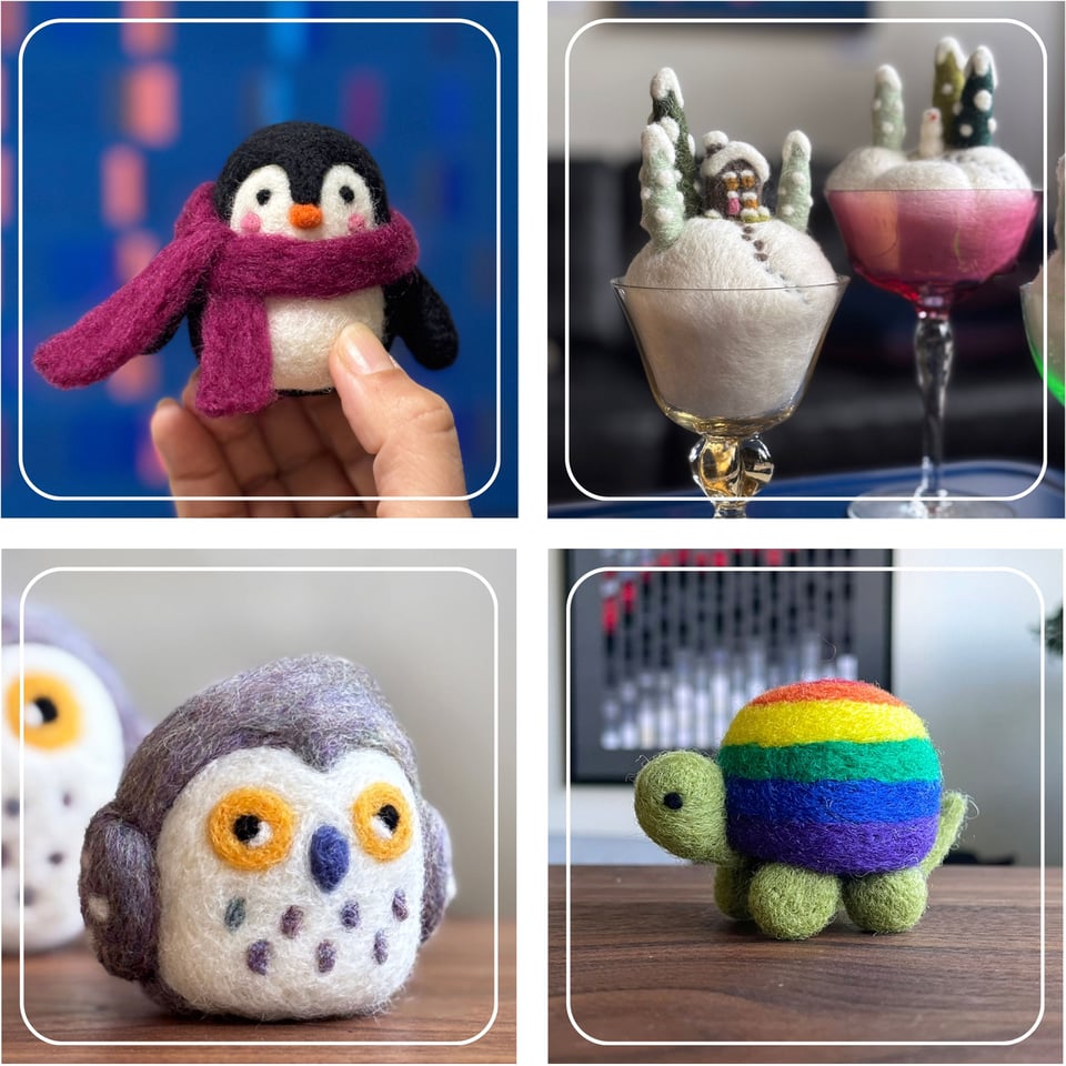 needle felted projects for upcoming classes: a penguin, snow goblet snowy owl, turtle