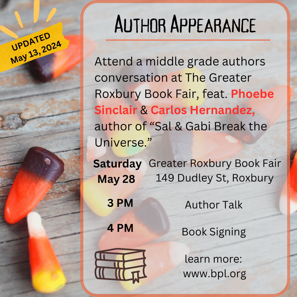 flyer for an author appearance, featuring scattered candy corn kernels