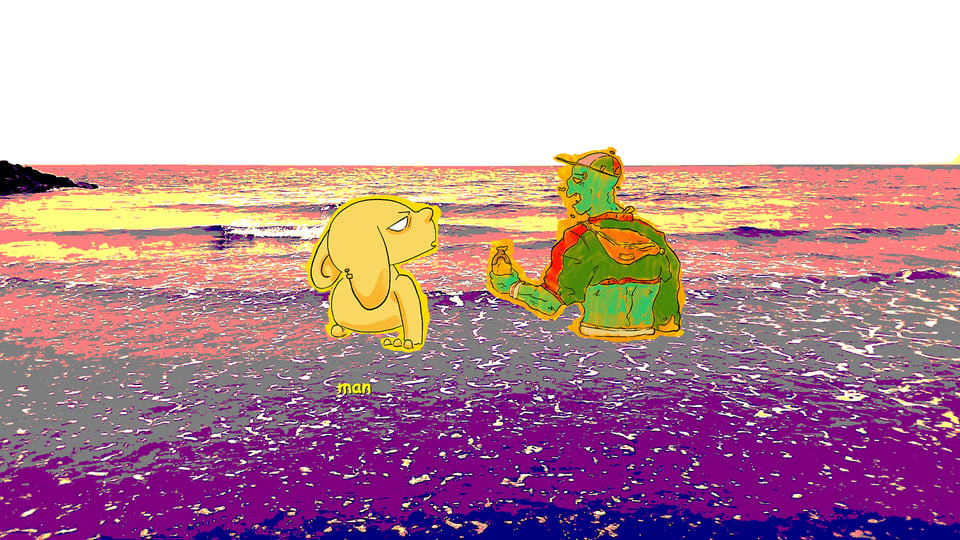 Two figures stand in the water near a beach shore. They are deep in conversation.