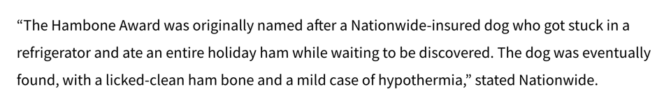 "The Hambone Award was originally named after a Nationwide-insured dog who got stuck in a refrigerator and ate an entire holiday ham while waiting to be discovered. The dog was eventually found, with a licked-clean ham bone and a mild case of hypothermia,” stated Nationwide.