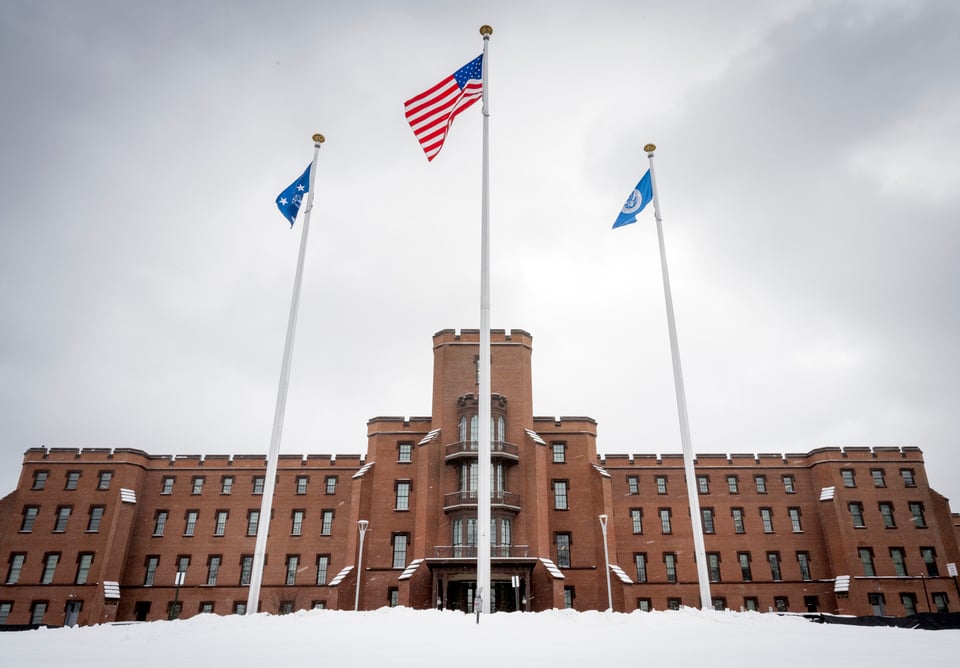 Snow covers the grounds of the St. Elizabeth’s campus near the Ceremonial Entrance of the Department of Homeland Security’s headquarters.