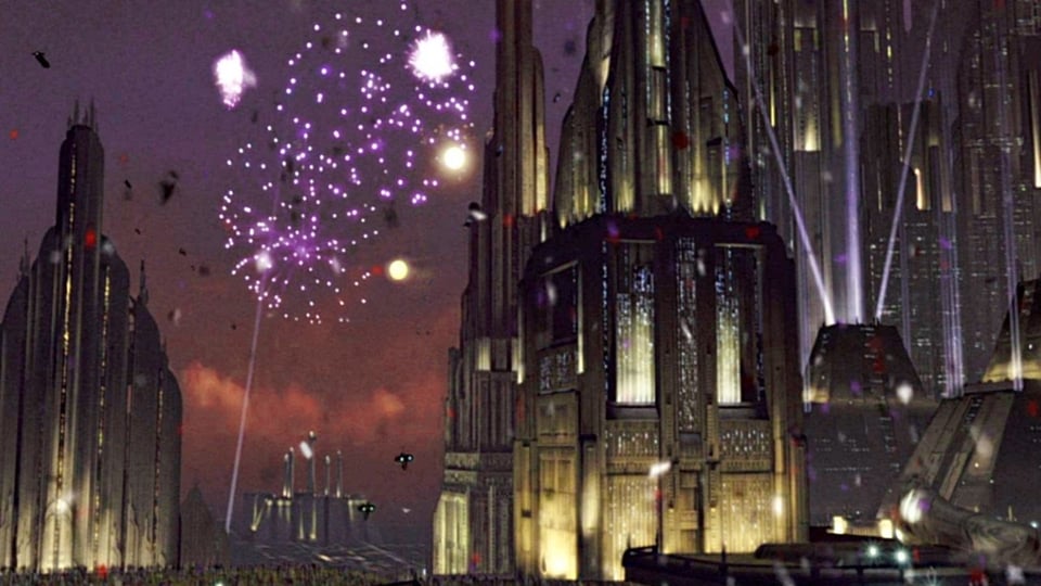 an image of coruscant, a star wars planet, with fireworks and celebration happening