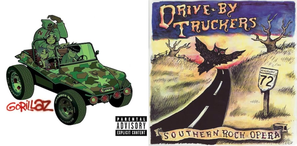 First pic:A cartoon drawing of the band Gorillaz, in a dune buggy, everything tinted green. The dune buggy has a camouflage pattern on it. Second pic: A drawing of a two lane blacktop going through a field of yellow grass. A black owl flies across the road. To the left, a sign reading HIGHWAY 72. Leafless trees and a fence on the horizon.