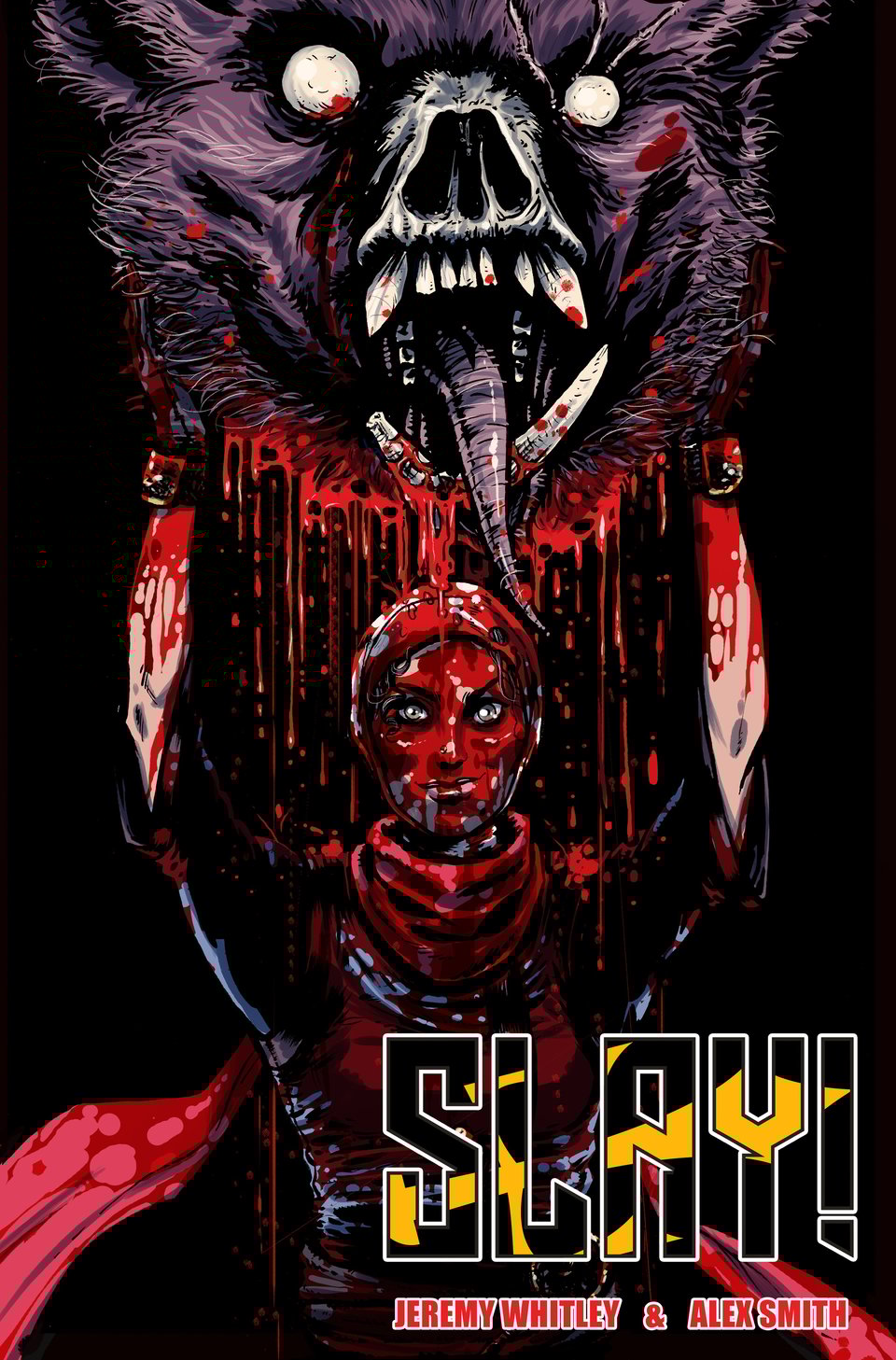The cover of SLAY! on which Leilah, a young hijabi monster hunter holds up the still bleeding head of a horrible monster.