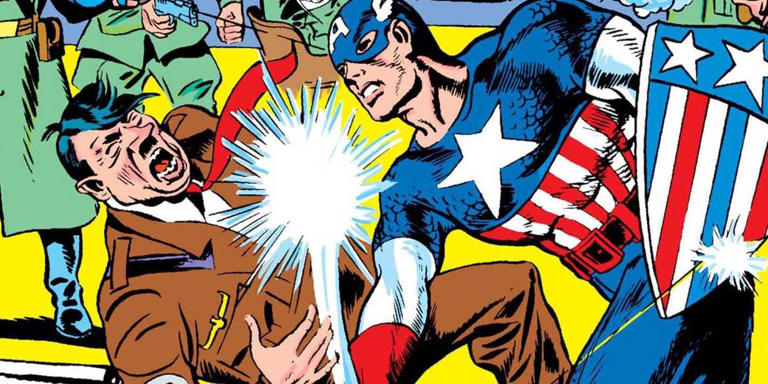 Captain America punching Hitler, by Jack Kirby and Joe Simon.