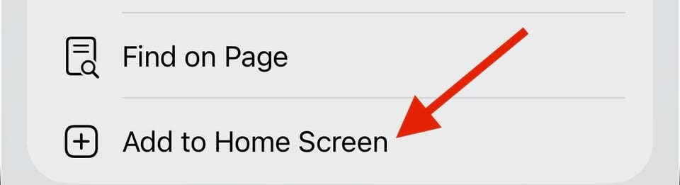 Arrow pointing at "Add to Home Screen" menu item