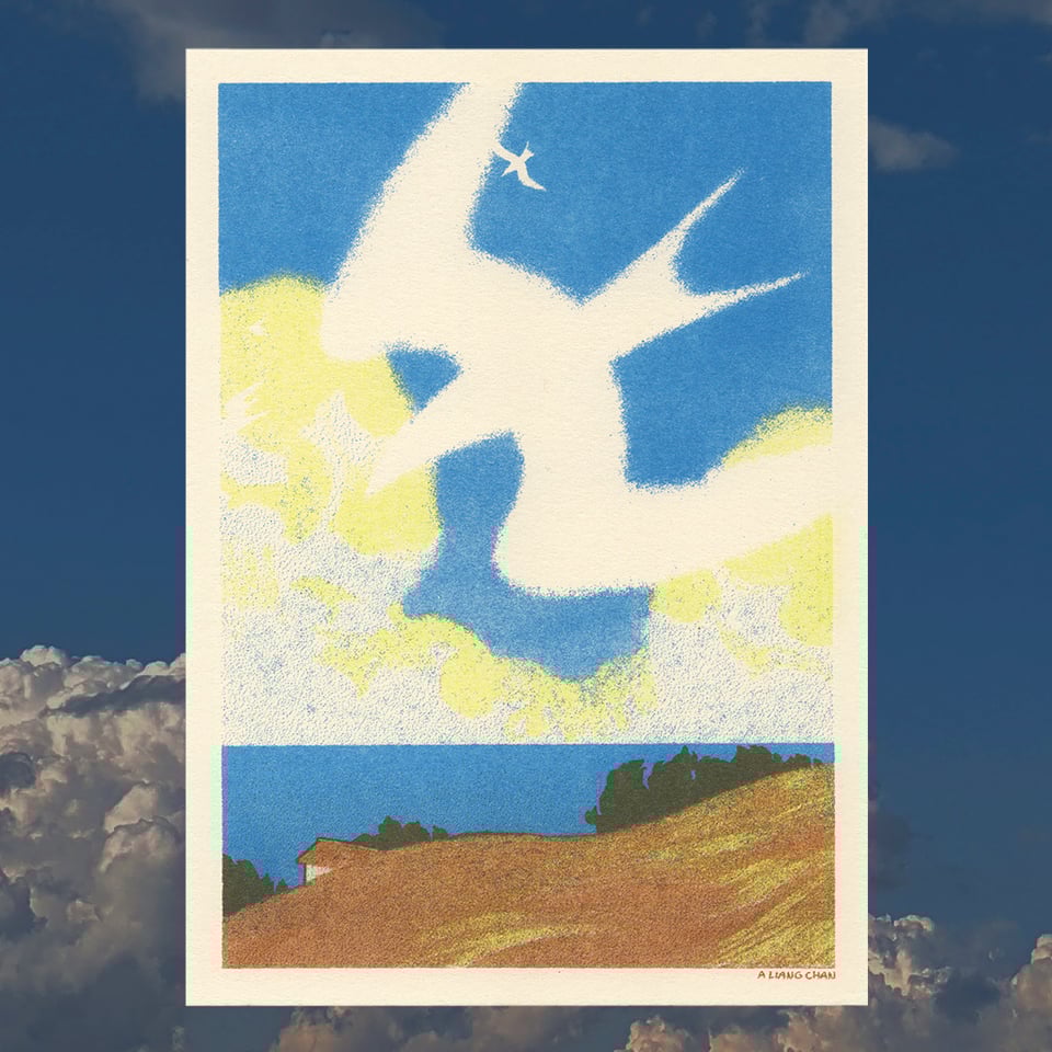 a riso print: a glimpse of a roof behind an ochre hill, the blue sea beyond and clouds towering in a blue sky above. the shape of a flying white seabird hangs close to the foreground, with more distant birds in the sky.
