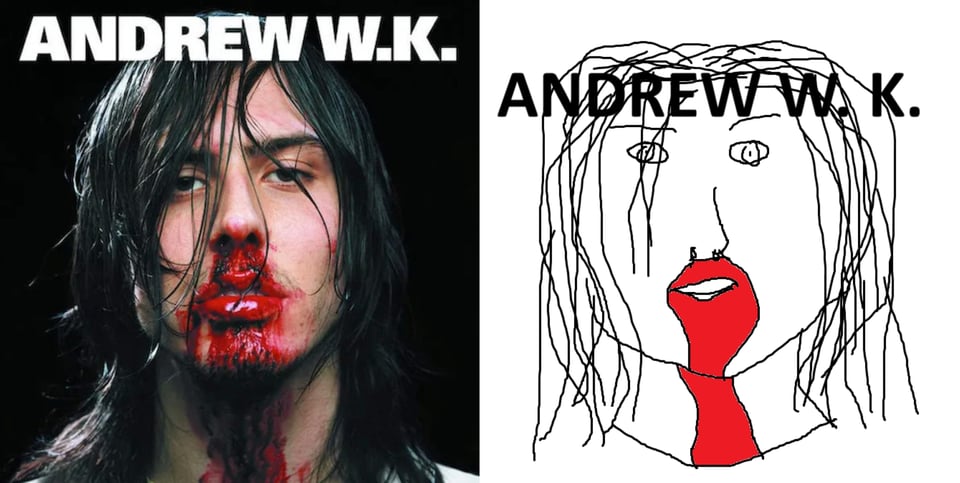 A close-up color photo of Andrew W.K., a white man with long, possibly sweat-soaked black hair that falls down and is sticking to his face. His nose, lips, chin and throat are stained with blood, both fresh and dried. His eyes are heavy-lidded; the expression could be read as defiant or possibly just drugged-out. According to Wikipedia, W.K. hit himself with a cinder block to get the blood, and supplemented it with animal blood from a butcher's shop