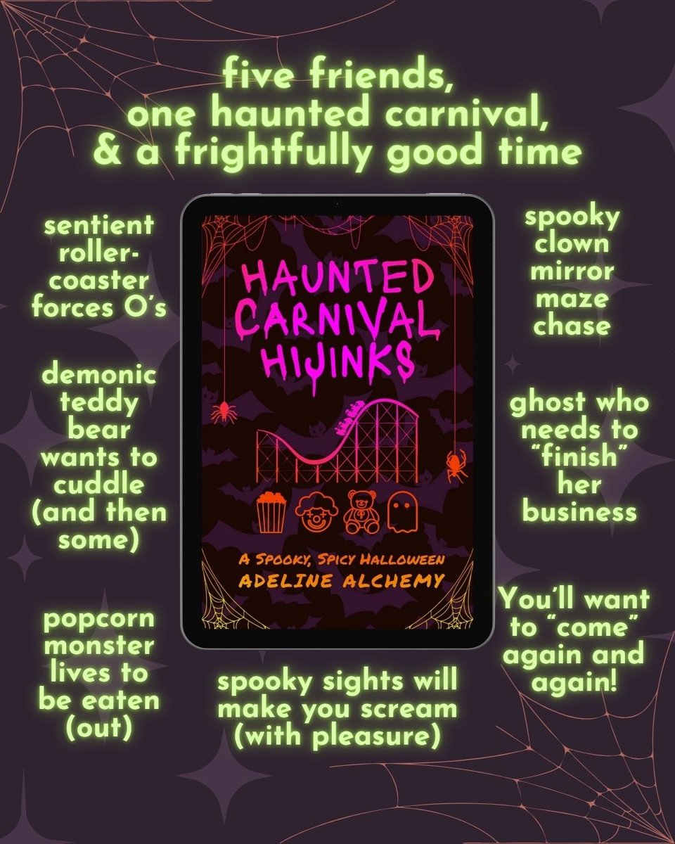 Left to right, top to bottom, text reads: Five friends, one haunted carnival, & a frightfully good time; sentient roller-coaster forces O's; spooky clown mirror maze chase; demonic teddy bear who wants to cuddle (and then some); ghost who needs to 'finish' her business; popcorn monster lives to be eaten (out); spooky sights will make you scream (with pleasure); You'll want to "come" again and again!