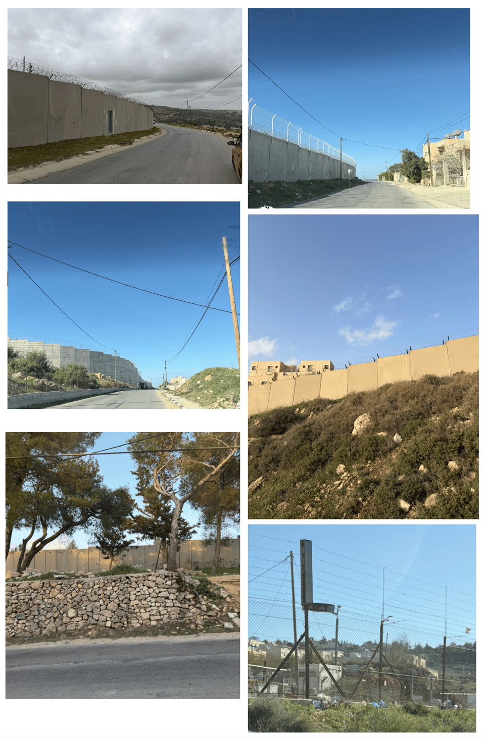 Six images of the separation wall; most are large concrete slabs topped and one is a fence, all of them topped with barbed wire
