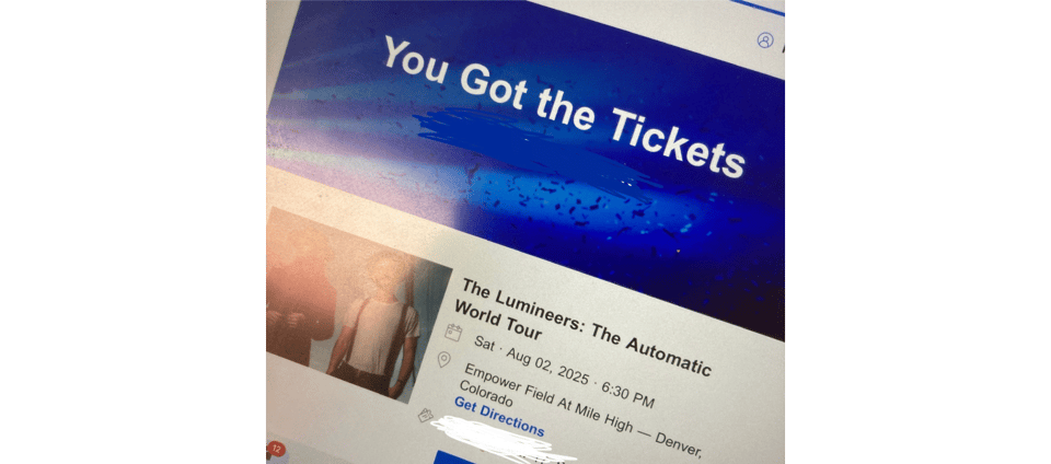 a screenshot of the Ticketmaster confirmation for The Lumineers concert in Denver