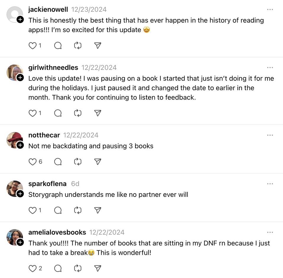 Series of Threads posts of people expressing their love of the Paused feature.