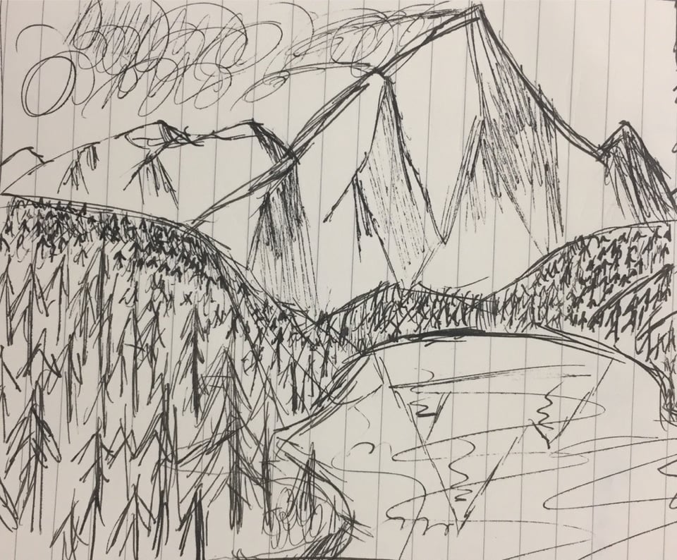 An ink sketch of a mountainous landscape