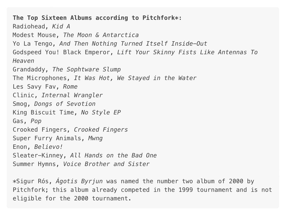 Radiohead, Kid A Modest Mouse, The Moon & Antarctica Yo La Tengo, And Then Nothing Turned Itself Inside-Out Godspeed You! Black Emperor, Lift Your Skinny Fists Like Antennas To Heaven Grandaddy, The Sophtware Slump The Microphones, It Was Hot, We Stayed in the Water Les Savy Fav, Rome Clinic, Internal Wrangler Smog, Dongs of Sevotion King Biscuit Time, No Style EP Gas, Pop Crooked Fingers, Crooked Fingers Super Furry Animals, Mwng Enon, Believo! Sleater-Kinney, All Hands on the Bad One Summer Hymns, Voice Brother and Sister
