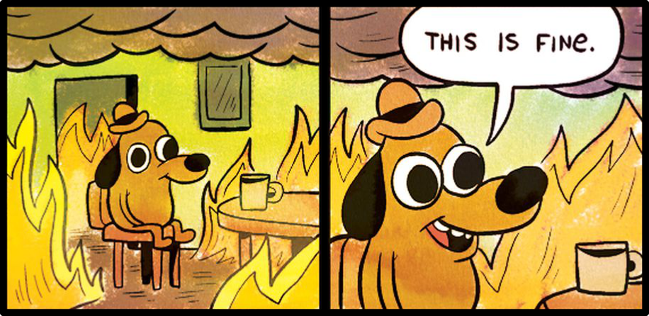 A dog sitting in front of a fire, from KC Green's web comic strip "On Fire", circa 2014