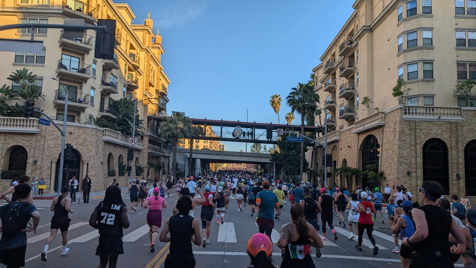 A slightly crooked image of a ton of runners running the LA Marathon.