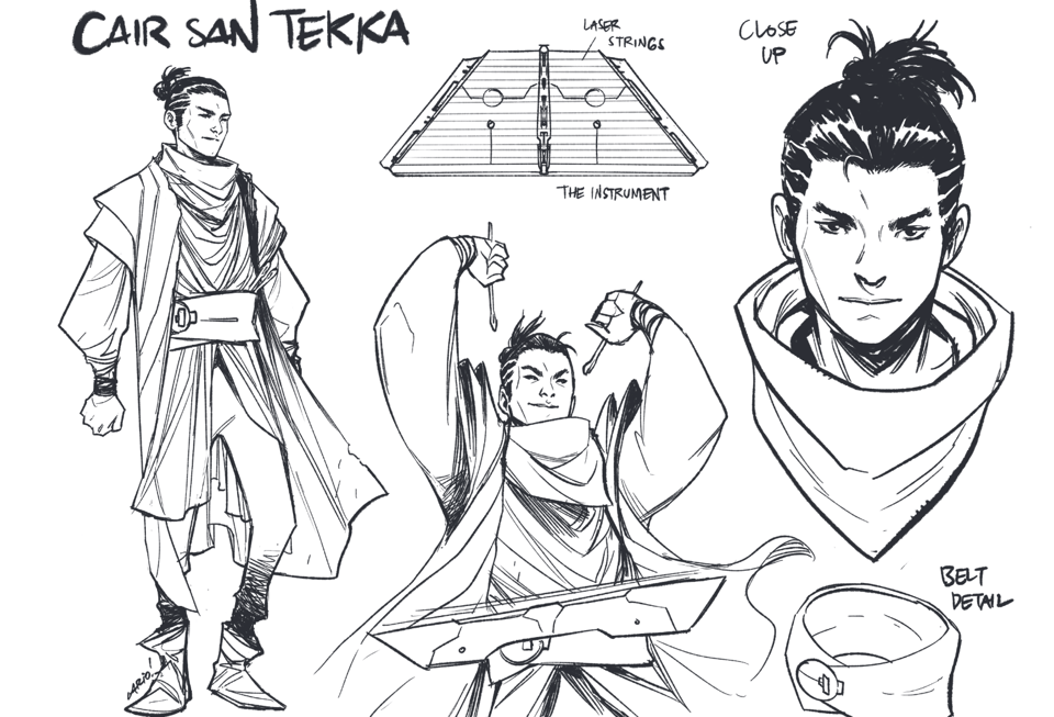 pencil sketches of Cair in various poses