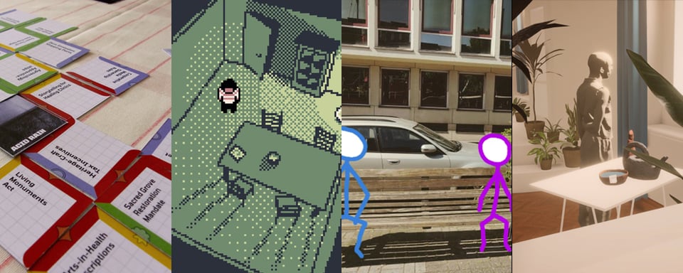A series of screenshots from the games featured in [untitled games event] edition #2. From left, these are LINKS, How a Body Sounds, Benches, and Plum Road Tea Dream