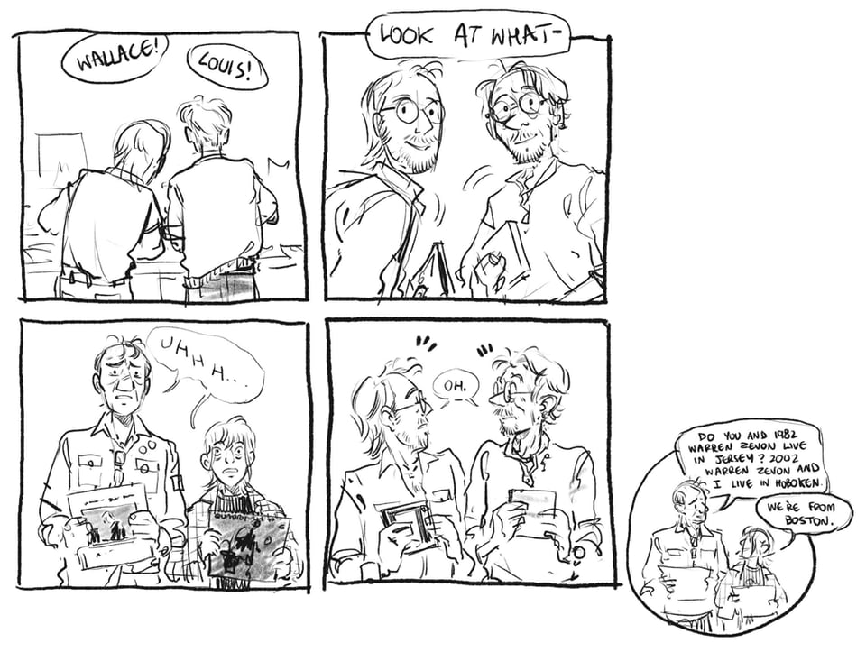 A five panel black and white sketch comic.