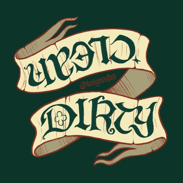 Digital illustration of a magnet meant for a dishwasher. It shows a banner. One side reads "clean", the other, "dirty". The text is handlettered.