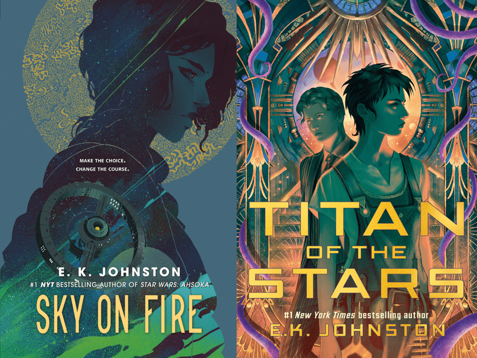 the covers of sky on fire and titan of the stars by ek johnston
