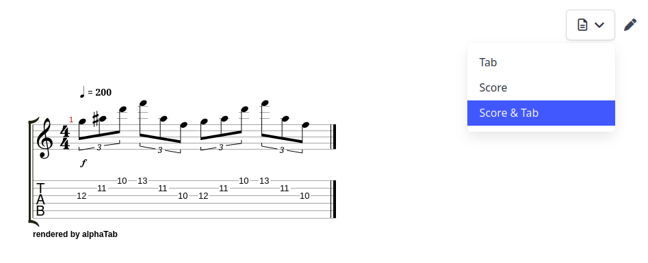 How tab and score looks like and how it can be selected by clicking on the new dropdown near edit button
