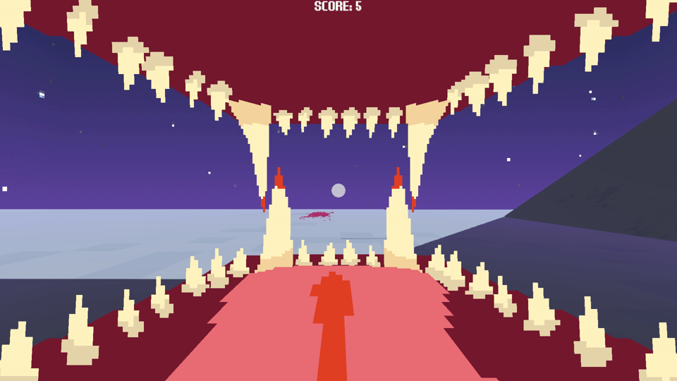 Pixel art of the inside of a werewolf's mouth, with the camera looking out on a snowy landscape.