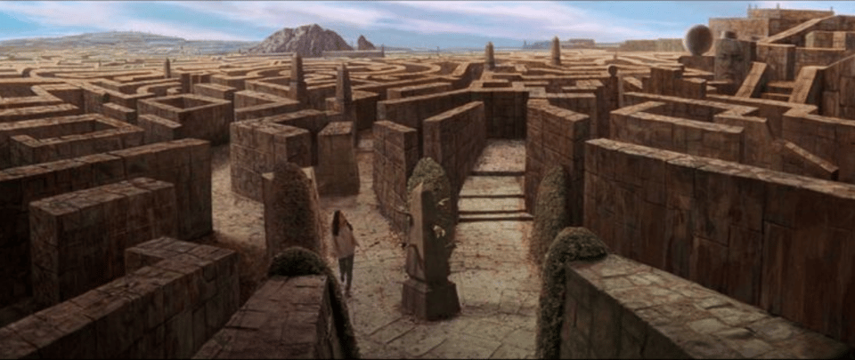 Scene from the film Labyrinth (1986). View of the brick part of the maze from above.