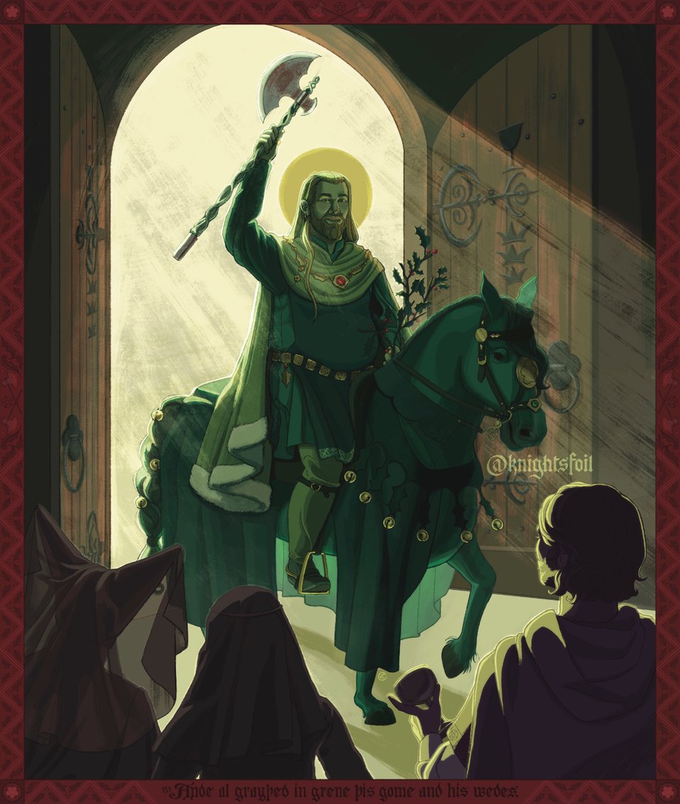 Digital illustration based on Sir Gawain and the Green Knight. A better description of the image is in the paragraph beneath this image.
