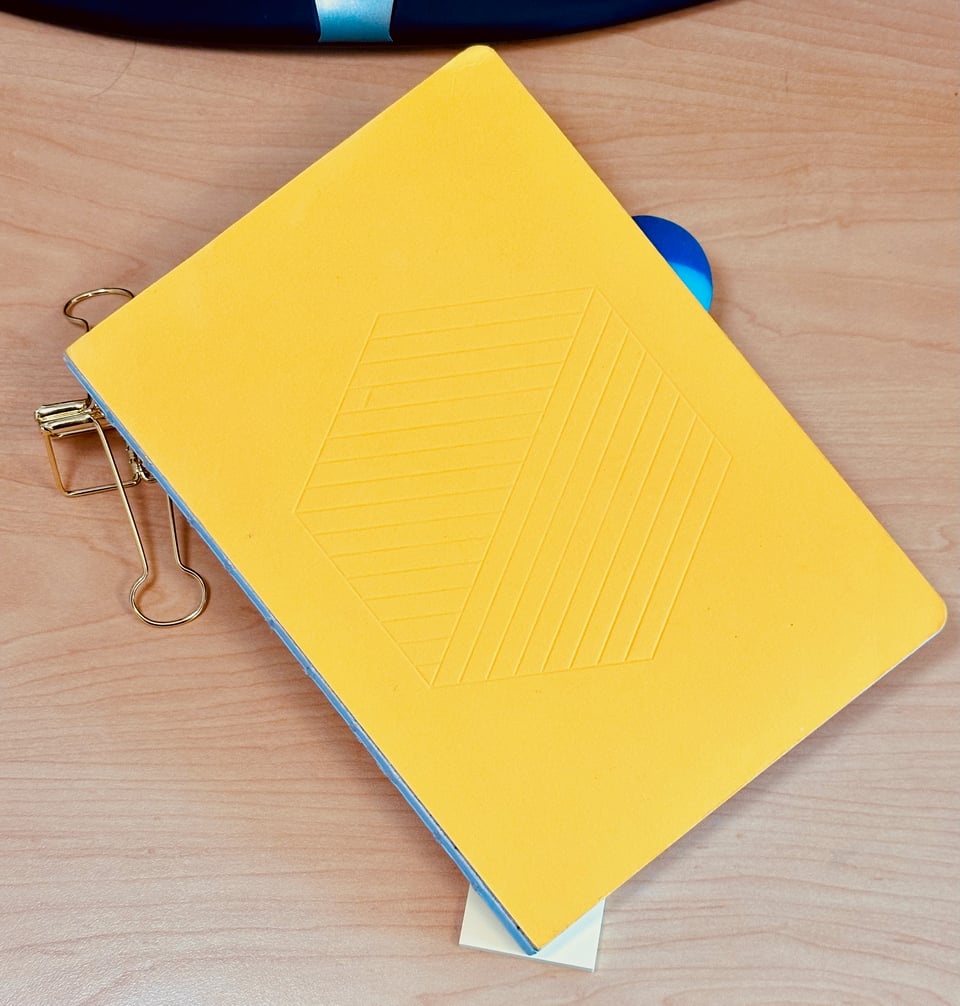 The same notebook on the same three stray objects, this time from top view.