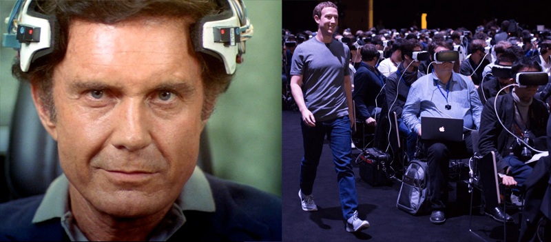film still of actor wearing VR-like device from movie Brainstorm, image of Mark Zuckerberg walking past a crowd full of men wearing VR goggles