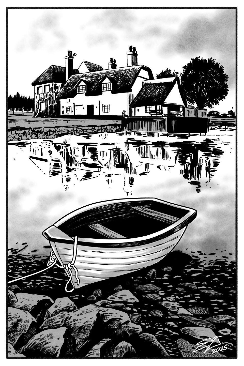 A greyscale digital ink and wash illustration of a small boat sitting amongst some rocks against the shore of a small pond. A cottage and some trees are in the background.