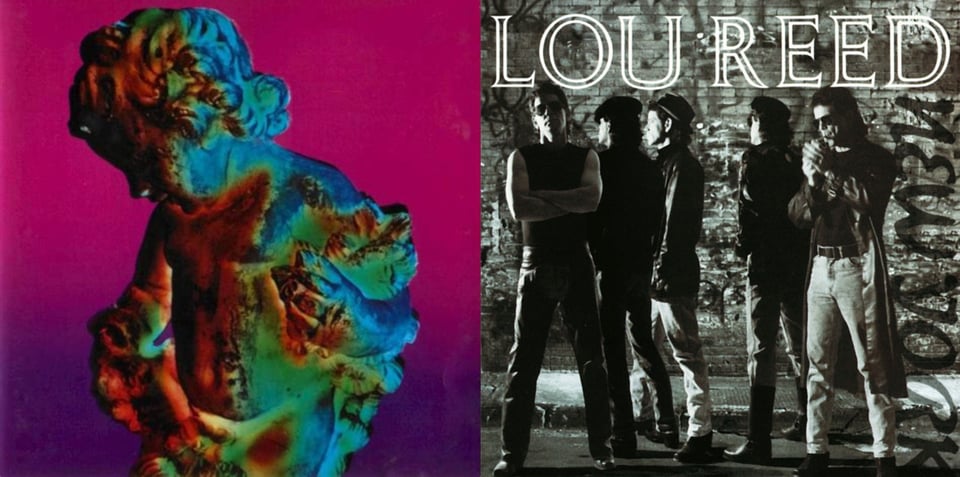 First pic: A color photo of a statue, some kind of cherubic figure, holding some kind of plants, leaves, I think. The lighting on it colors it from dark red to green to blue. The upper part of the background is dark pink, and that turns into dark purple by the bottom. Second pic:A black and white photo of five Lou Reeds, standing near a brick wall and sidewalk. They're all white guys with black hair who emanate New York cool. Starting from the left: one is in a black wifebeater and sunglasses and looks at the camera, his arms crossed defiantly. The next two are looking to the left; they wear hats and dark jackets. The fourth has his back to us; he wears a hat and sunglasses. The fifth is facing us but is focused on lighting the cigarette in his mouth. He wears sunglasses, a long black jacket, and blue jeans with a belt.