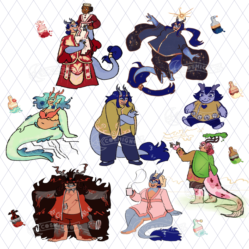 A compilation of 8 illustrations all featuring Steel, a fat draconic woman with blue hair, blue/gray scales, steel horns, and a green top with black pants and shoes. Her original design in is in the middle, and surrounding her are 7 variants of her design based on neopets inspired aesthetic brushes. The designs are the following, from the top right going clockwise: cosmic brush, plushie brush, garden brush, clean brush, wretched brush, lagoon brush, and lovely brush. The lovely brush features a guest appearance from a second character, a black woman named Marta.