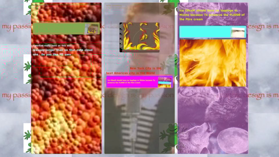 screenshot of a Leaflet where pages have chaotic internet meme themed bg images