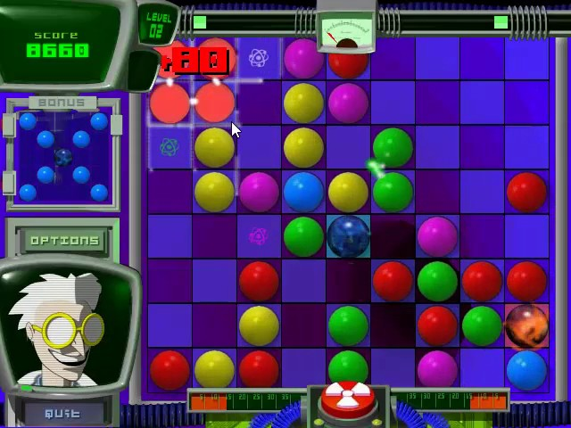 A screenshot of a video game. It is a 9 by 9 grid that is half filled with dots, alternately colored blue, green, yellow, purple, red and metallic. The score in the top left corner reads 8660