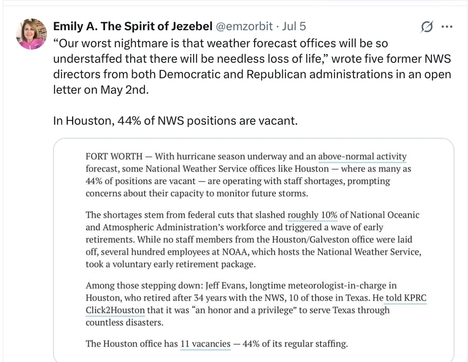 Tweet about the NWS in Texas being understaffed, thanks to Trump
