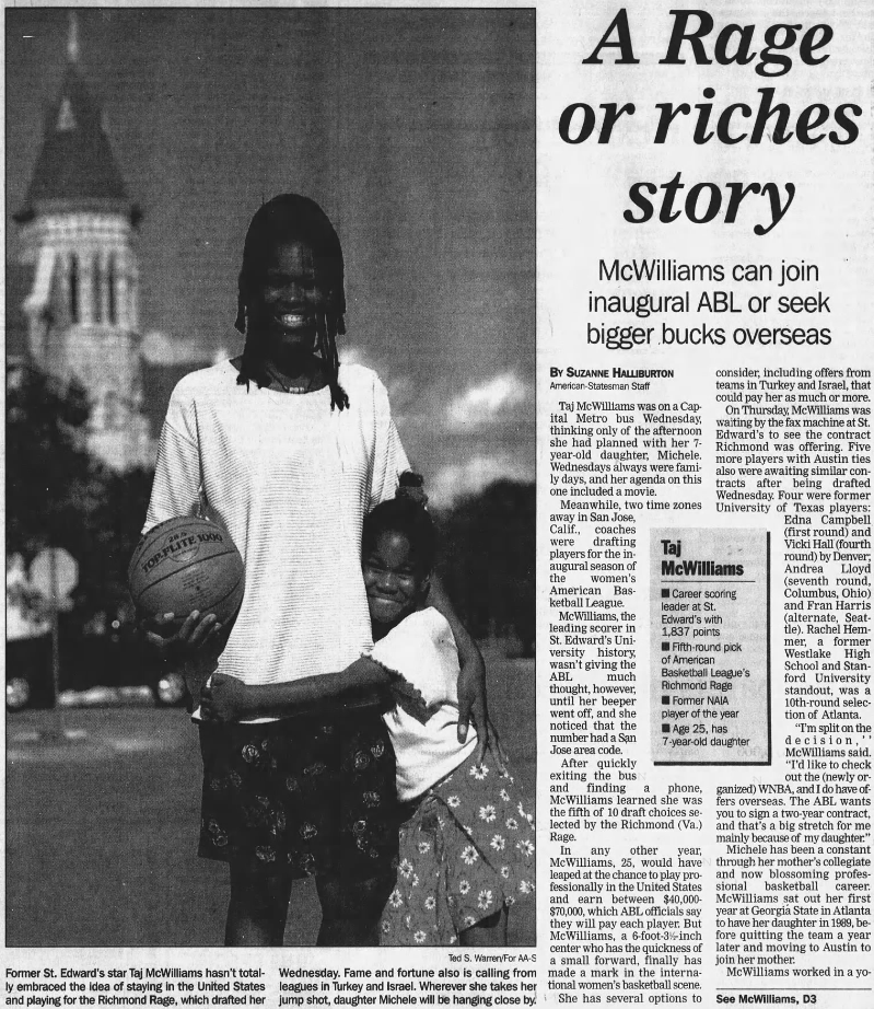 Clipping from the Austin American-Statesman with photo of Taj McWilliams holding a basketball and embracing daughter Michele