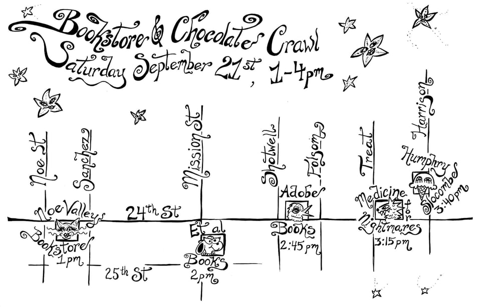 A map of the Bookstore and Chocolate Crawl — click the link above to get a list of times and places please!